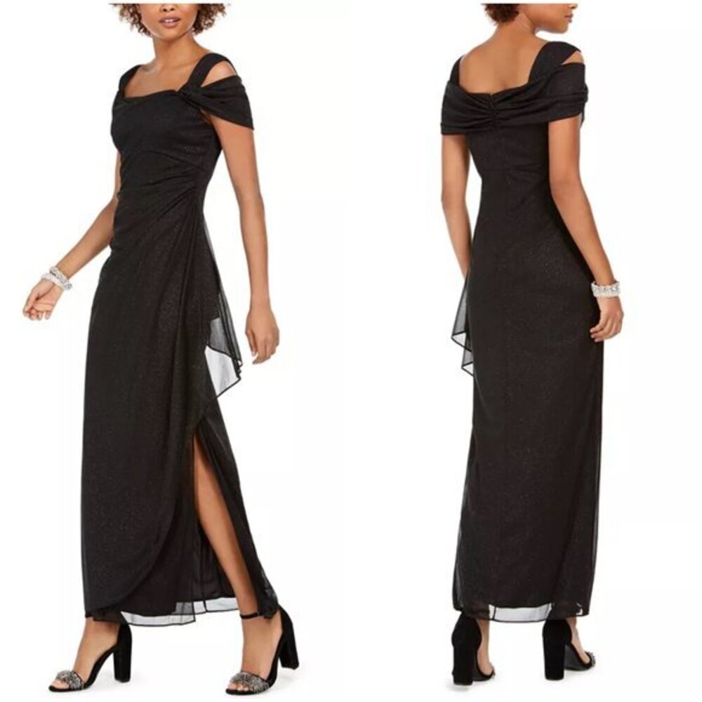 Alex Evenings Women's Cold-Shoulder Draped Sparkly Metallic Gown in Black Size 4